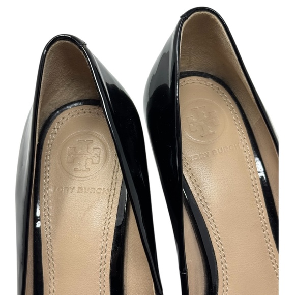Tory Burch Jade Peep Toe Patent Leather Wedge Heels Pumps Black Sz 6 - Picture 3 of 12